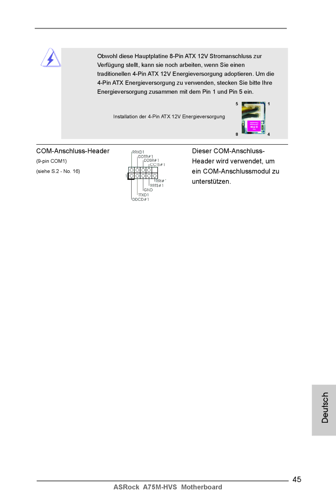 ASRock A75M-HVS manual Header wird verwendet, um, Ein COM-Anschlussmodul zu, Unterstützen 