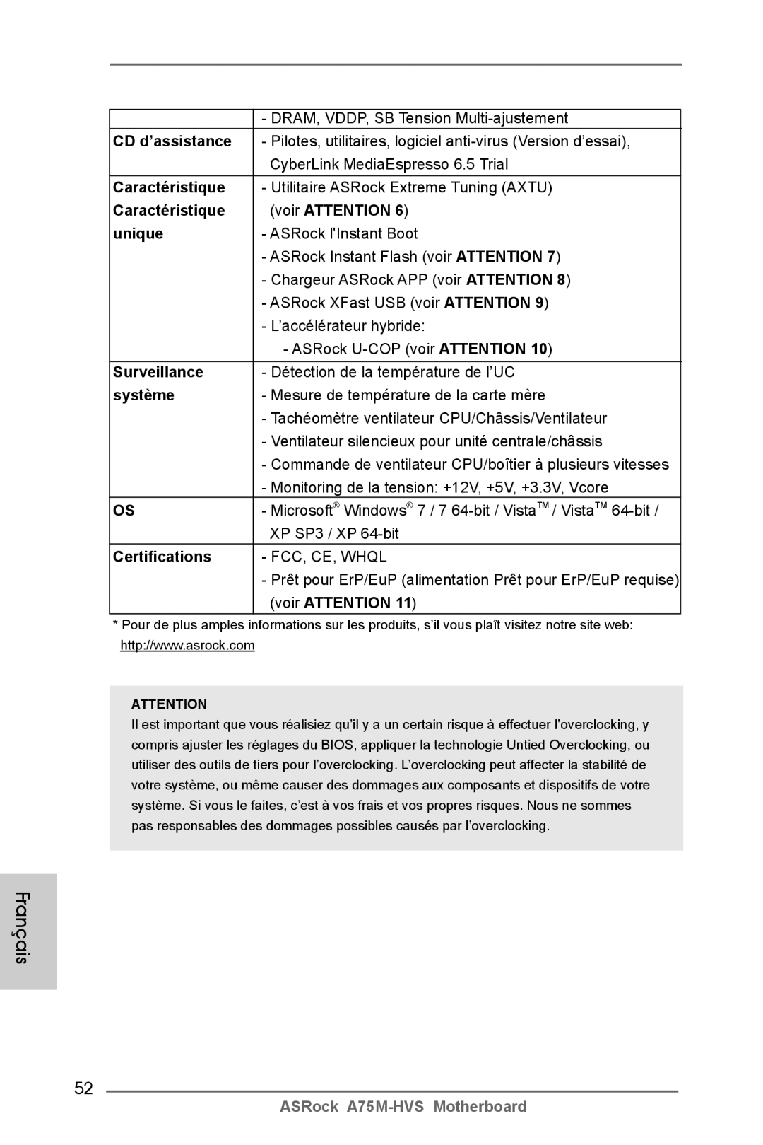 ASRock A75M-HVS manual CD d’assistance, Caractéristique Voir Attention Unique, Surveillance, Système 