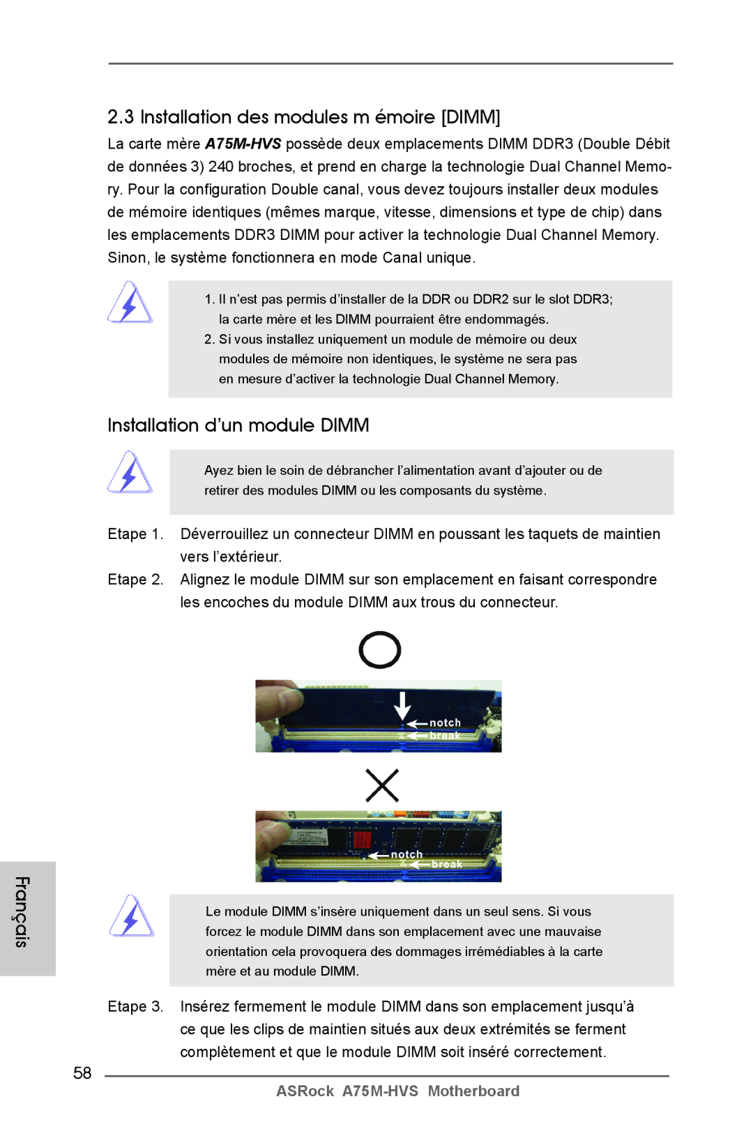 ASRock A75M-HVS manual Français Installation des modules m émoire Dimm, Installation d’un module Dimm 