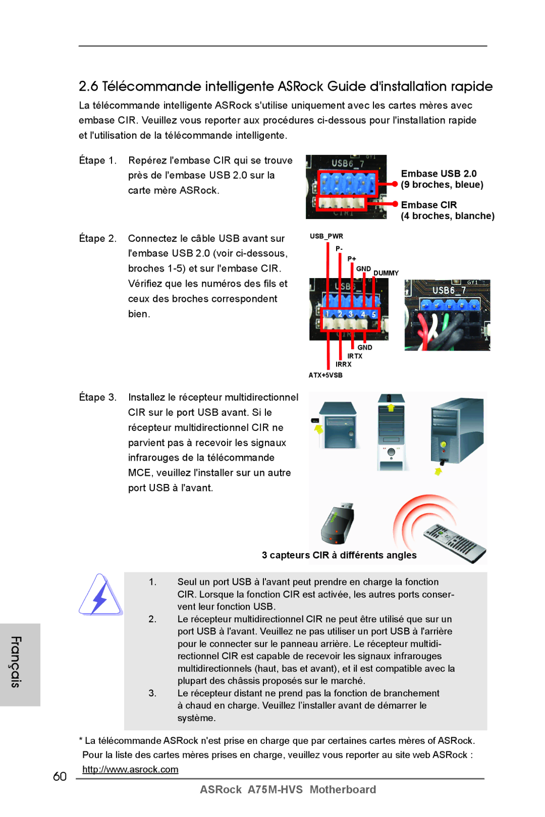 ASRock A75M-HVS manual Télécommande intelligente ASRock Guide dinstallation rapide, Capteurs CIR à différents angles 