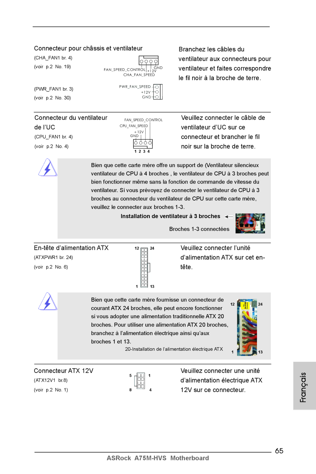 ASRock A75M-HVS manual Connecteur ATX Veuillez connecter une unité, ’alimentation électrique ATX, 12V sur ce connecteur 