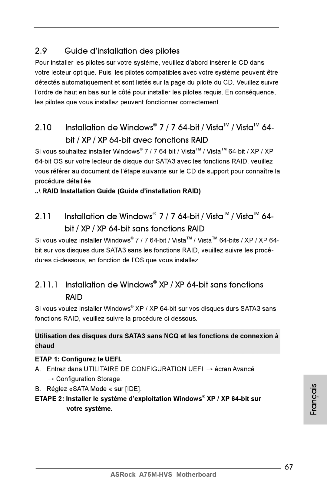 ASRock A75M-HVS manual Guide d’installation des pilotes, Installation de Windows XP / XP 64-bit sans fonctions 