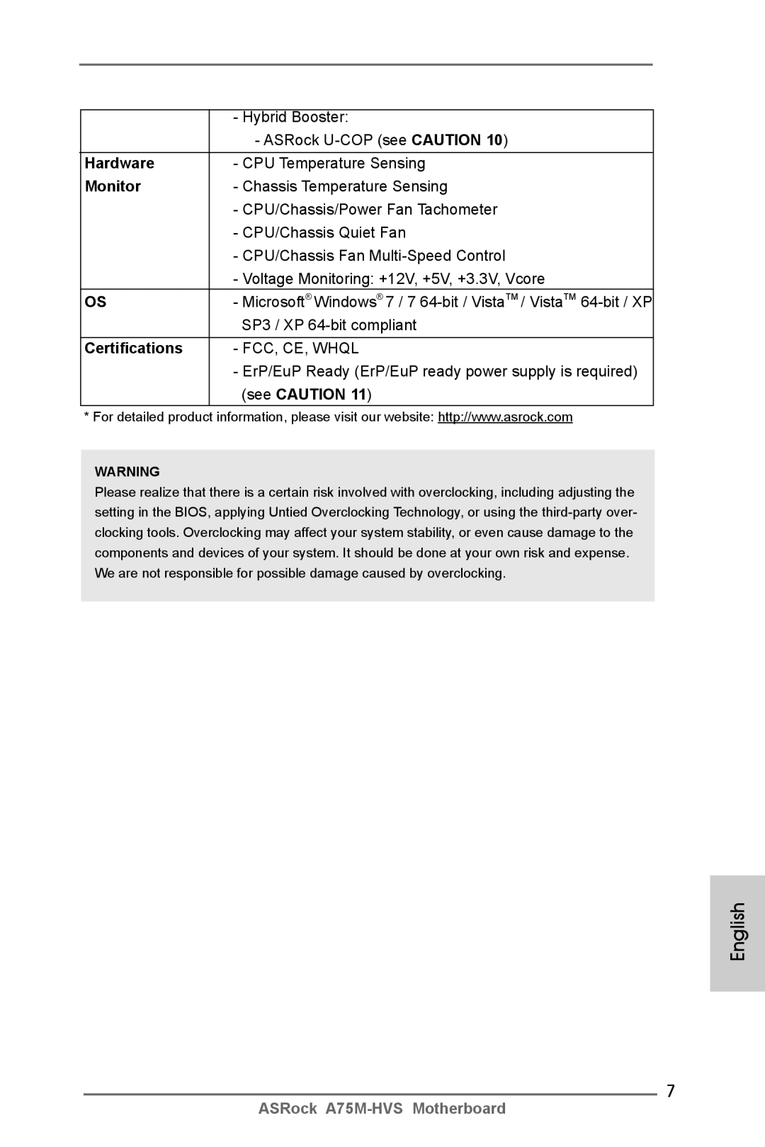 ASRock A75M-HVS manual Hardware, Monitor, Certifications 