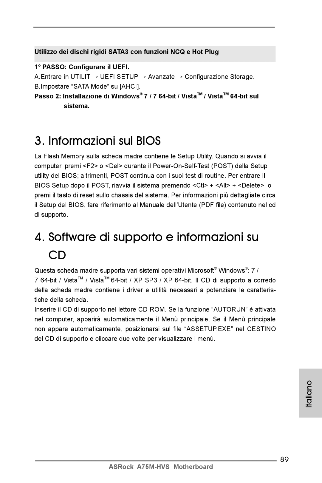 ASRock A75M-HVS manual Informazioni sul Bios Software di supporto e informazioni su 