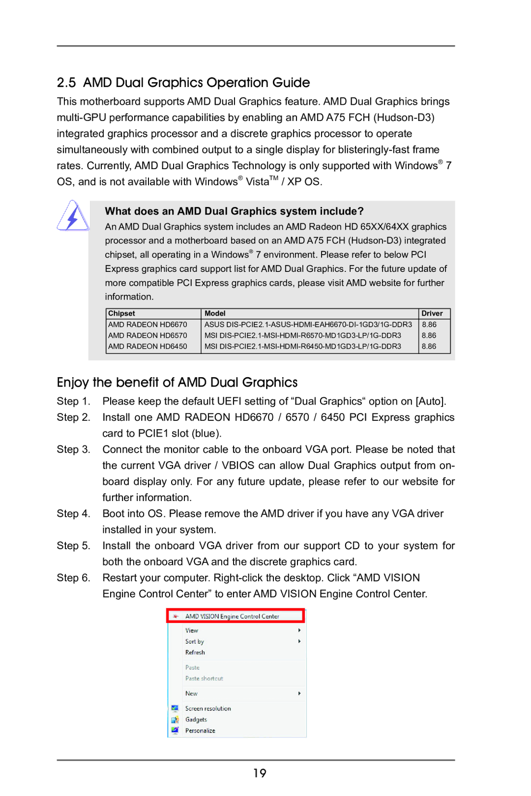 ASRock A75M-ITX manual AMD Dual Graphics Operation Guide, Enjoy the benefit of AMD Dual Graphics 