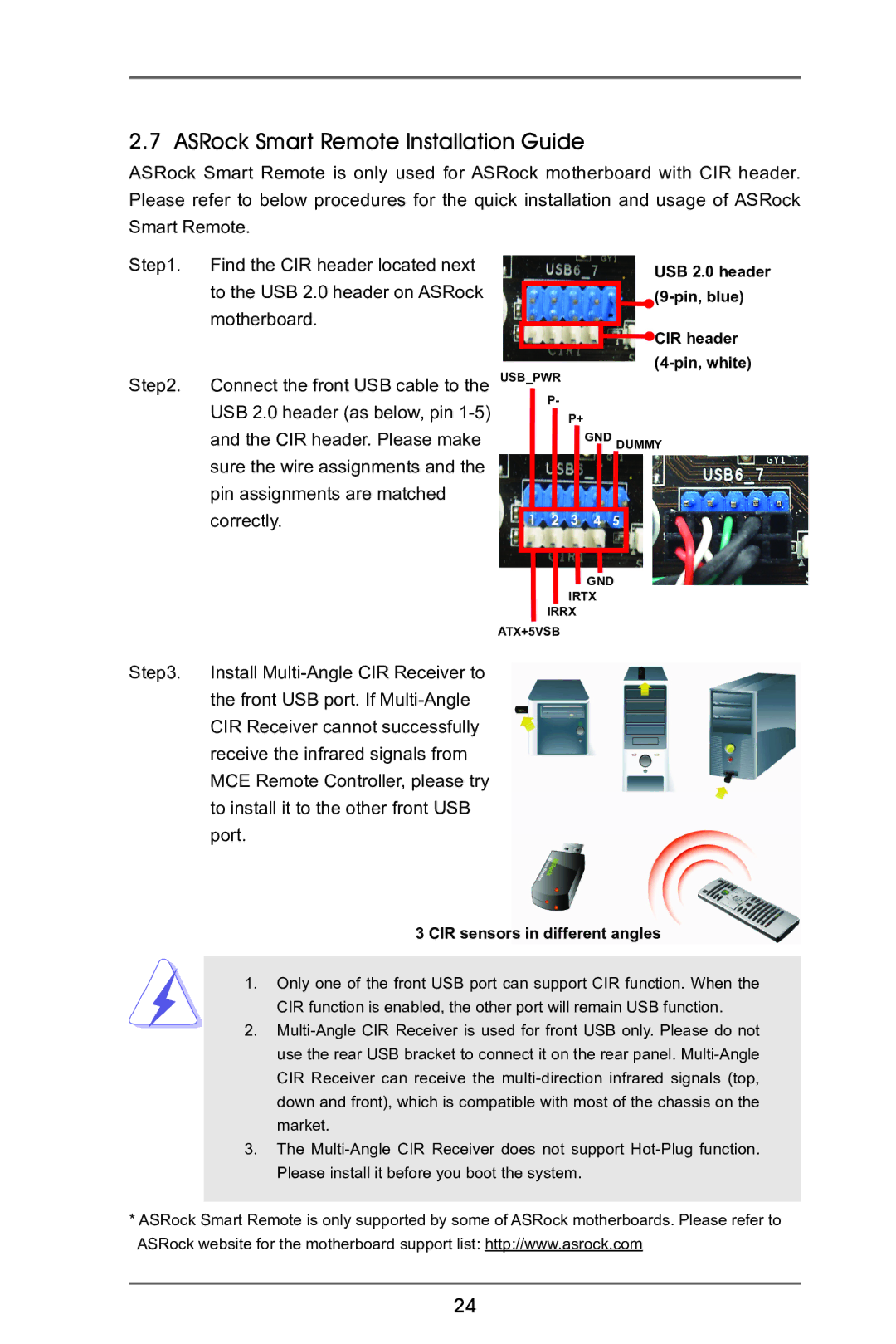 ASRock A75M-ITX manual ASRock Smart Remote Installation Guide, CIR sensors in different angles 