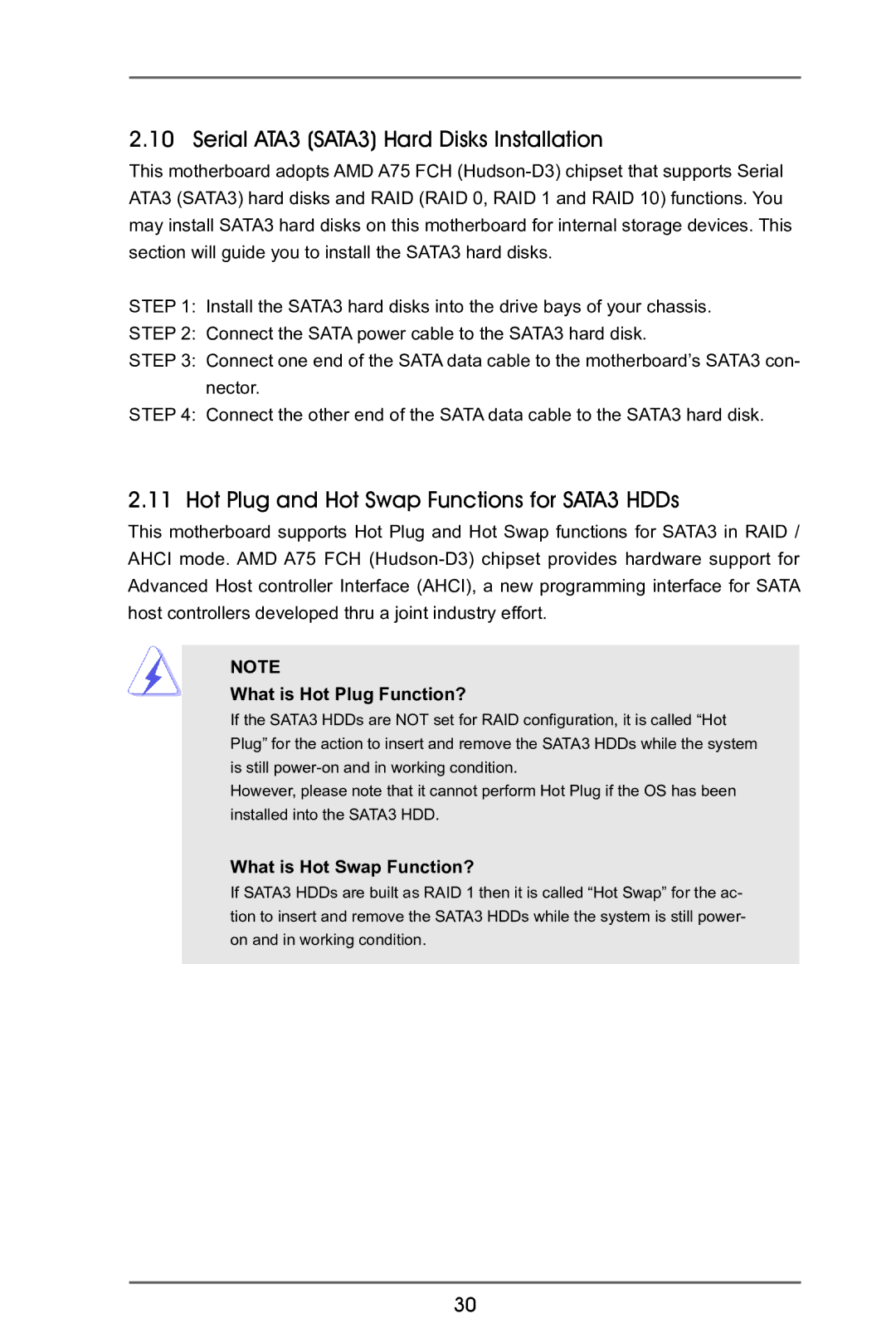 ASRock A75M-ITX manual Serial ATA3 SATA3 Hard Disks Installation, Hot Plug and Hot Swap Functions for SATA3 HDDs 