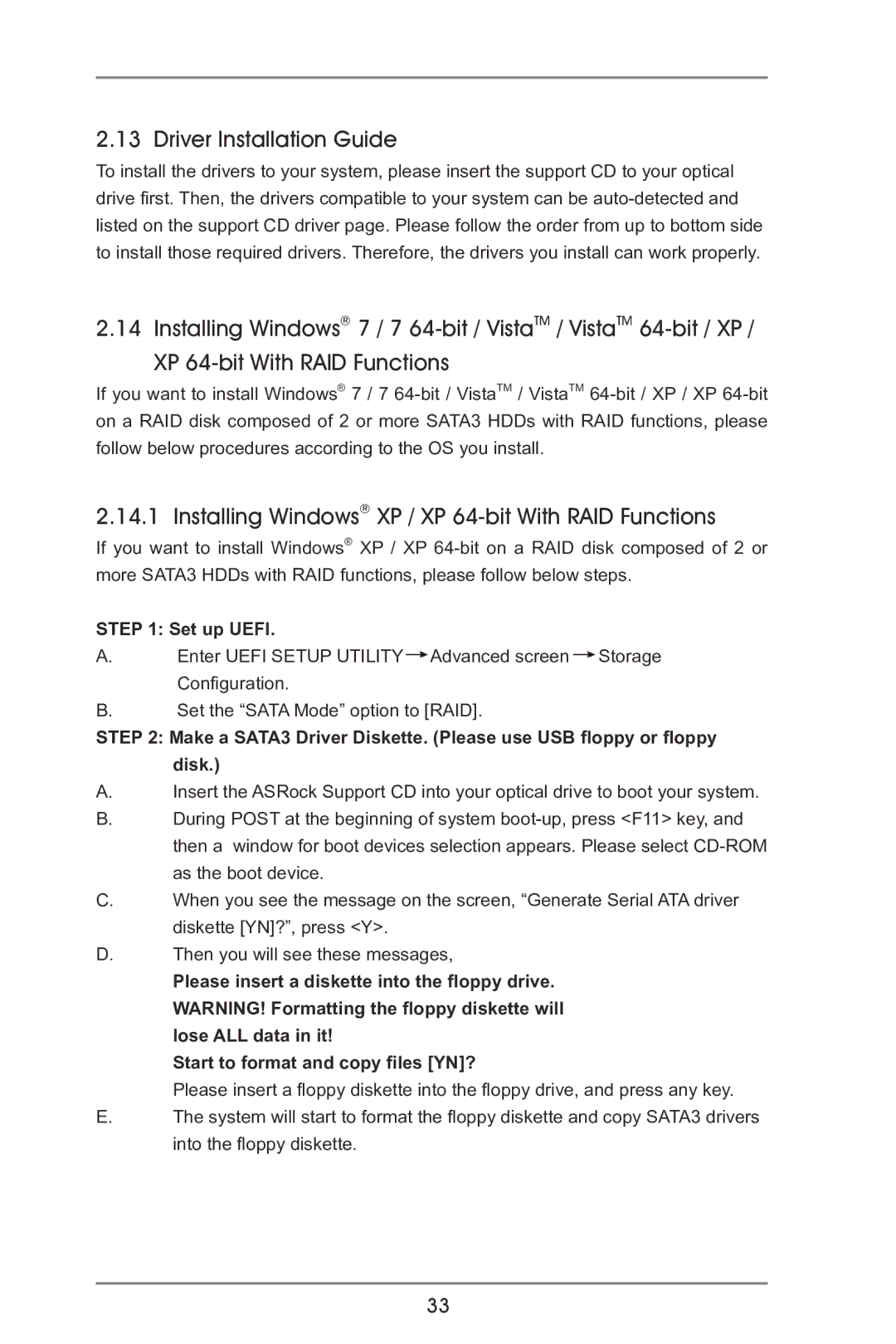 ASRock A75M-ITX manual Driver Installation Guide, Installing Windows XP / XP 64-bit With RAID Functions, Set up Uefi 