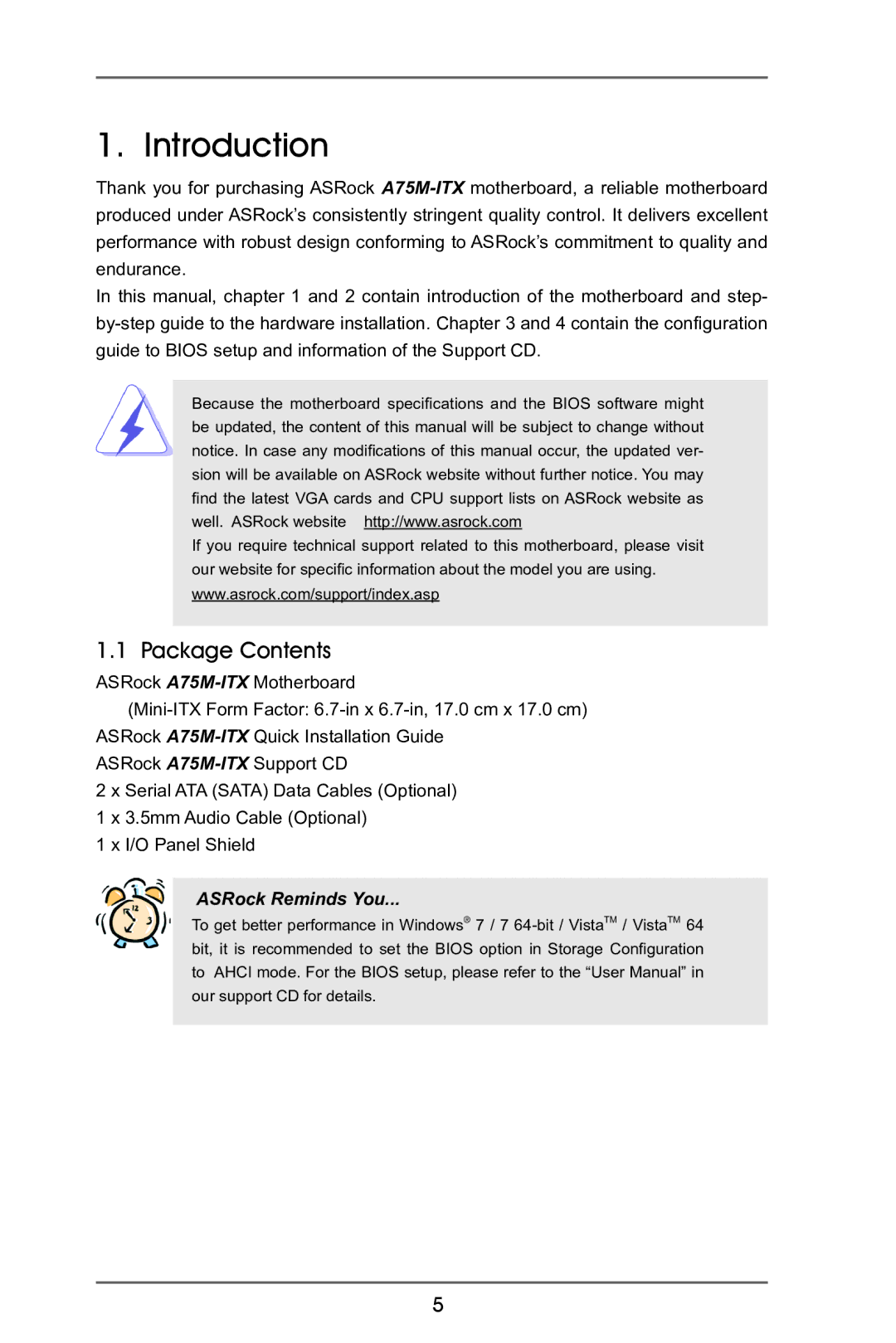 ASRock A75M-ITX manual Introduction, Package Contents 