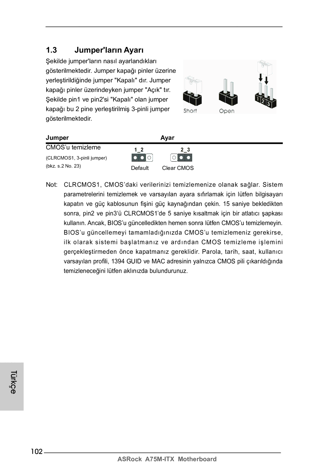 ASRock A75M-ITX manual 102, Jumper Ayar, CMOS’u temizleme 