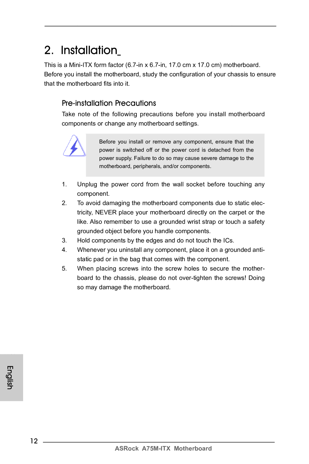 ASRock A75M-ITX manual Installation, Pre-installation Precautions 