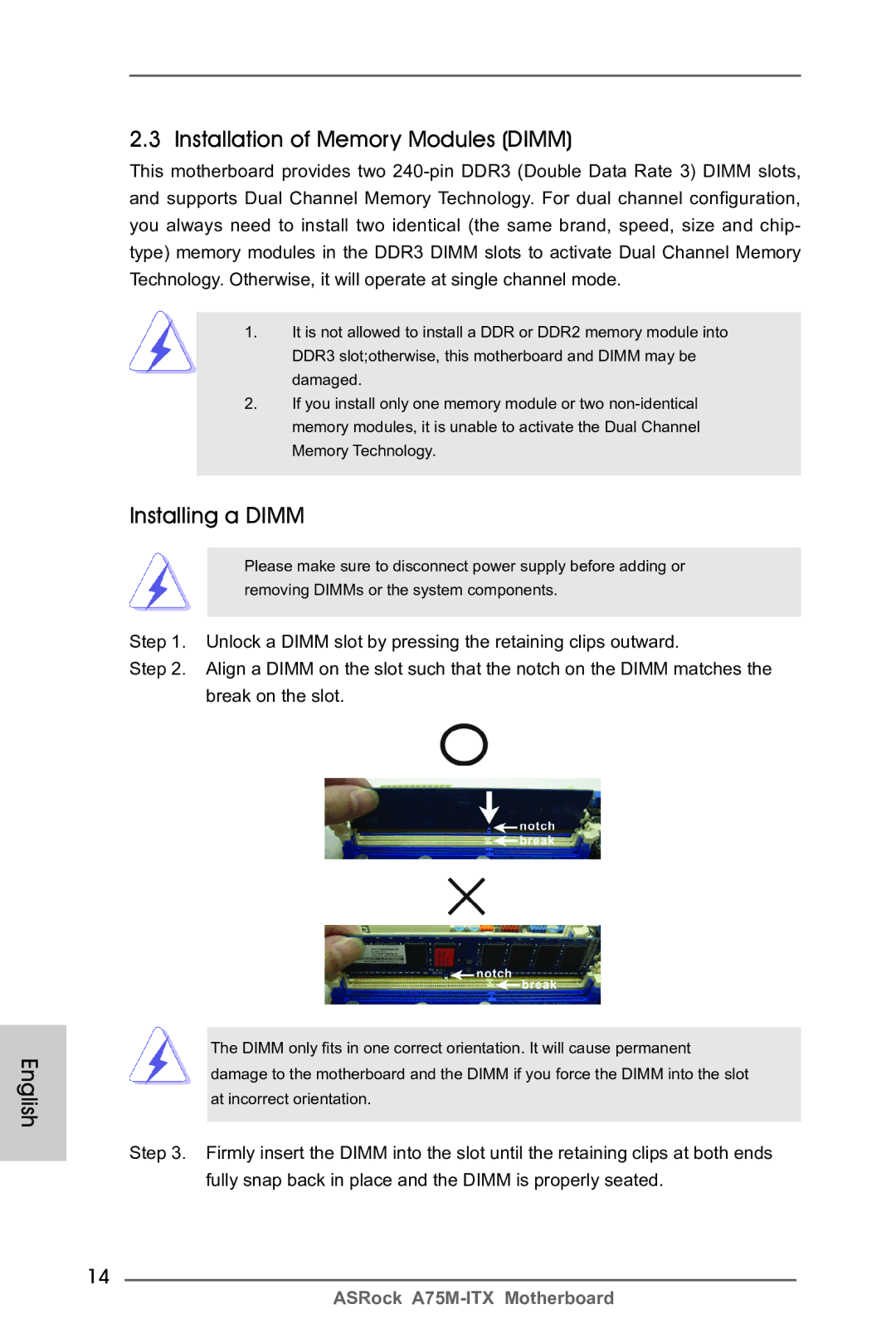 ASRock A75M-ITX manual English Installation of Memory Modules Dimm, Installing a Dimm 