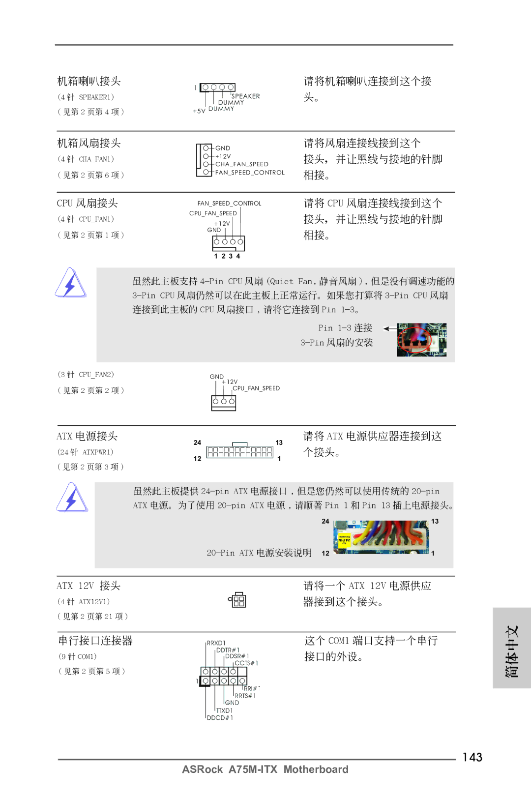 ASRock A75M-ITX manual 143, Cpu 風扇接頭, Atx 電源接頭, ATX 12V 接頭, Pin ATX 電源安裝說明 