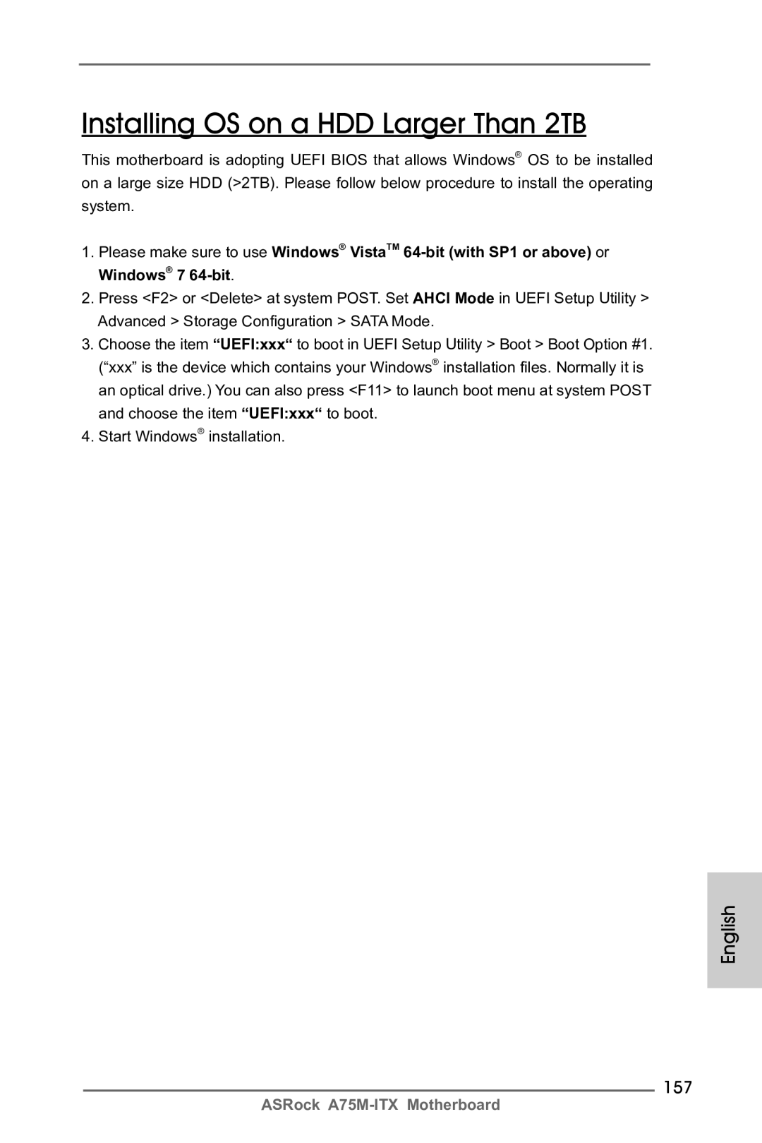 ASRock A75M-ITX manual Installing OS on a HDD Larger Than 2TB, 157 