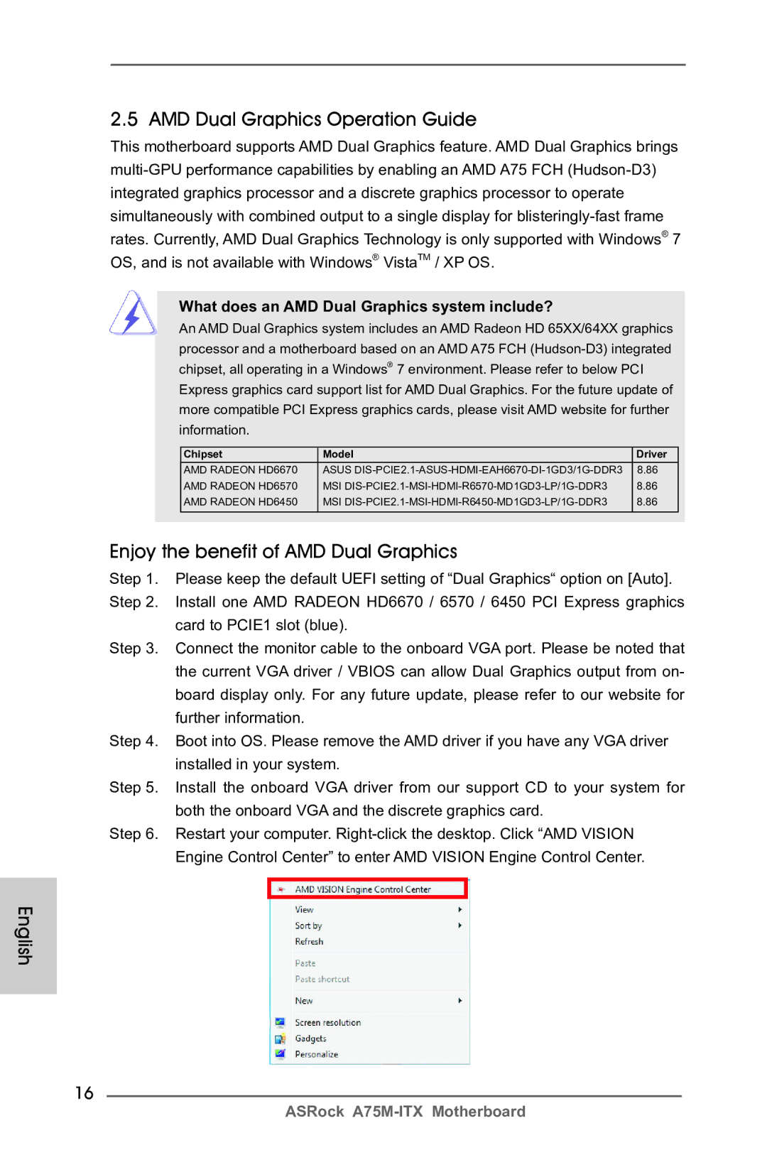 ASRock A75M-ITX manual AMD Dual Graphics Operation Guide, Enjoy the benefit of AMD Dual Graphics 