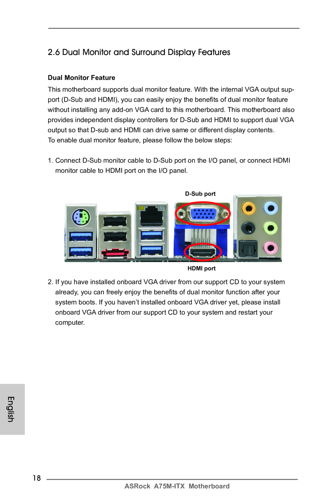 ASRock A75M-ITX manual Dual Monitor and Surround Display Features, Dual Monitor Feature, Sub port Hdmi port 