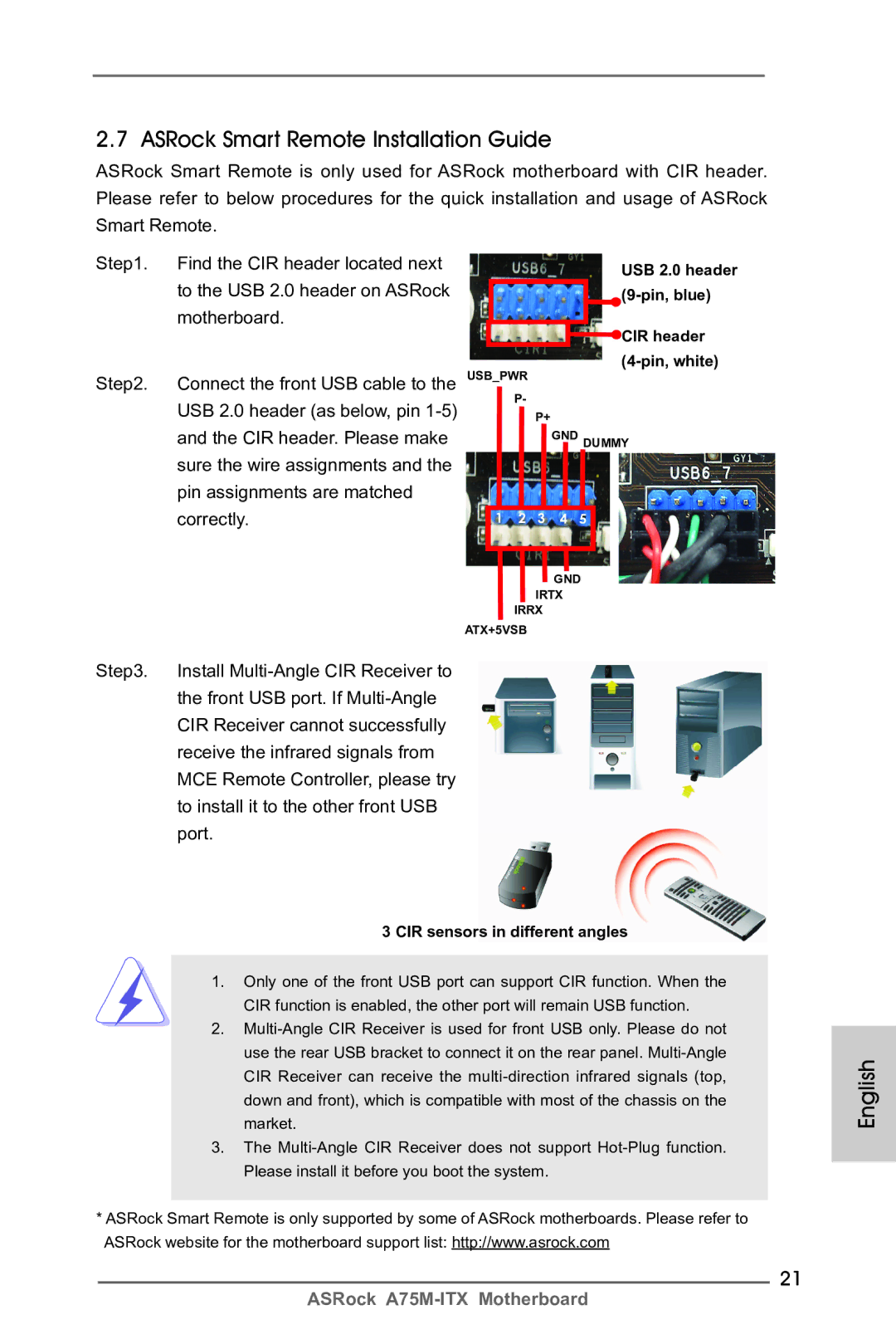 ASRock A75M-ITX manual ASRock Smart Remote Installation Guide, USB 2.0 header 9-pin, blue CIR header 4-pin, white 