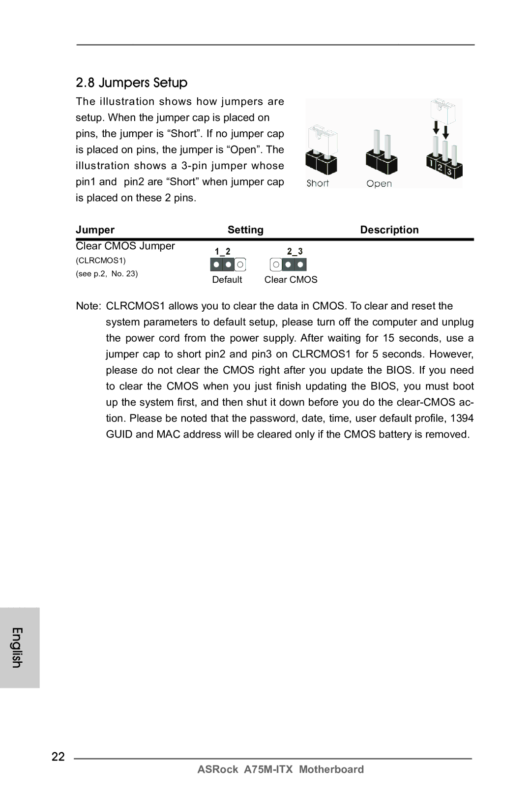 ASRock A75M-ITX manual Jumpers Setup, Description, Clear Cmos Jumper 