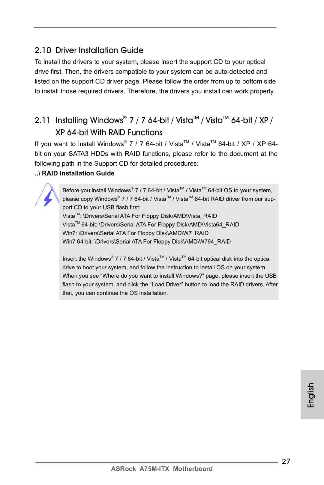 ASRock A75M-ITX manual Driver Installation Guide, RAID Installation Guide 