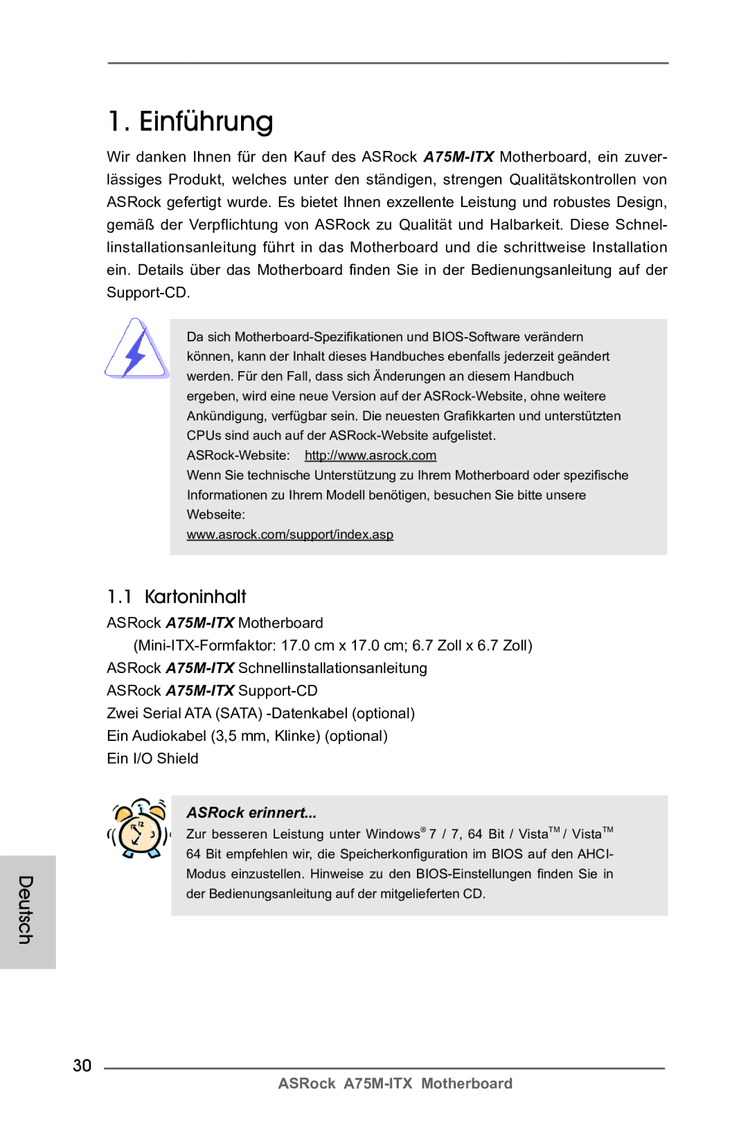 ASRock A75M-ITX manual Einführung, Deutsch, Kartoninhalt 