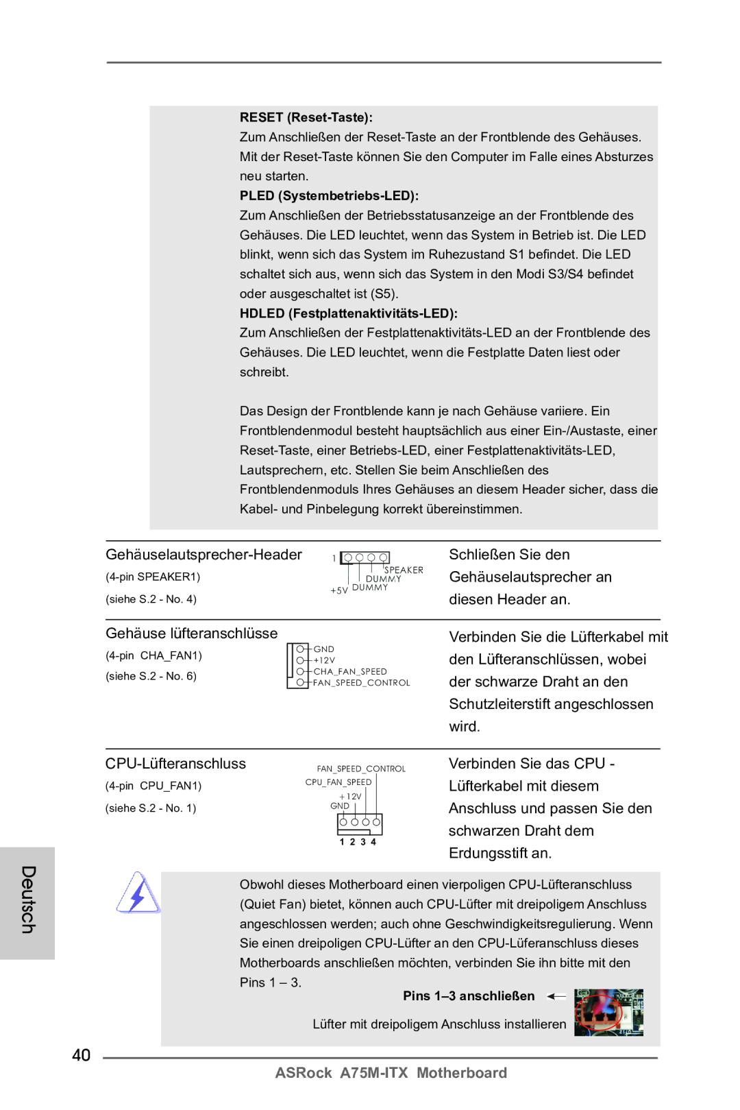 ASRock A75M-ITX manual Gehäuselautsprecher-Header Schließen Sie den, Diesen Header an, Gehäuse lüfteranschlüsse 