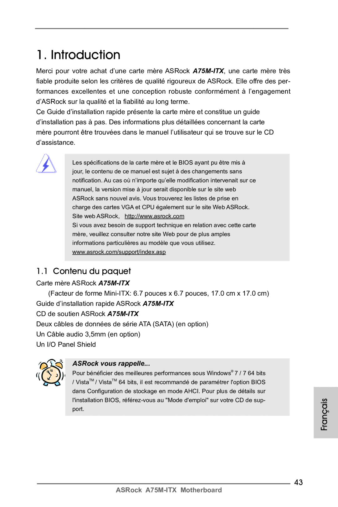 ASRock A75M-ITX manual Contenu du paquet, Français 