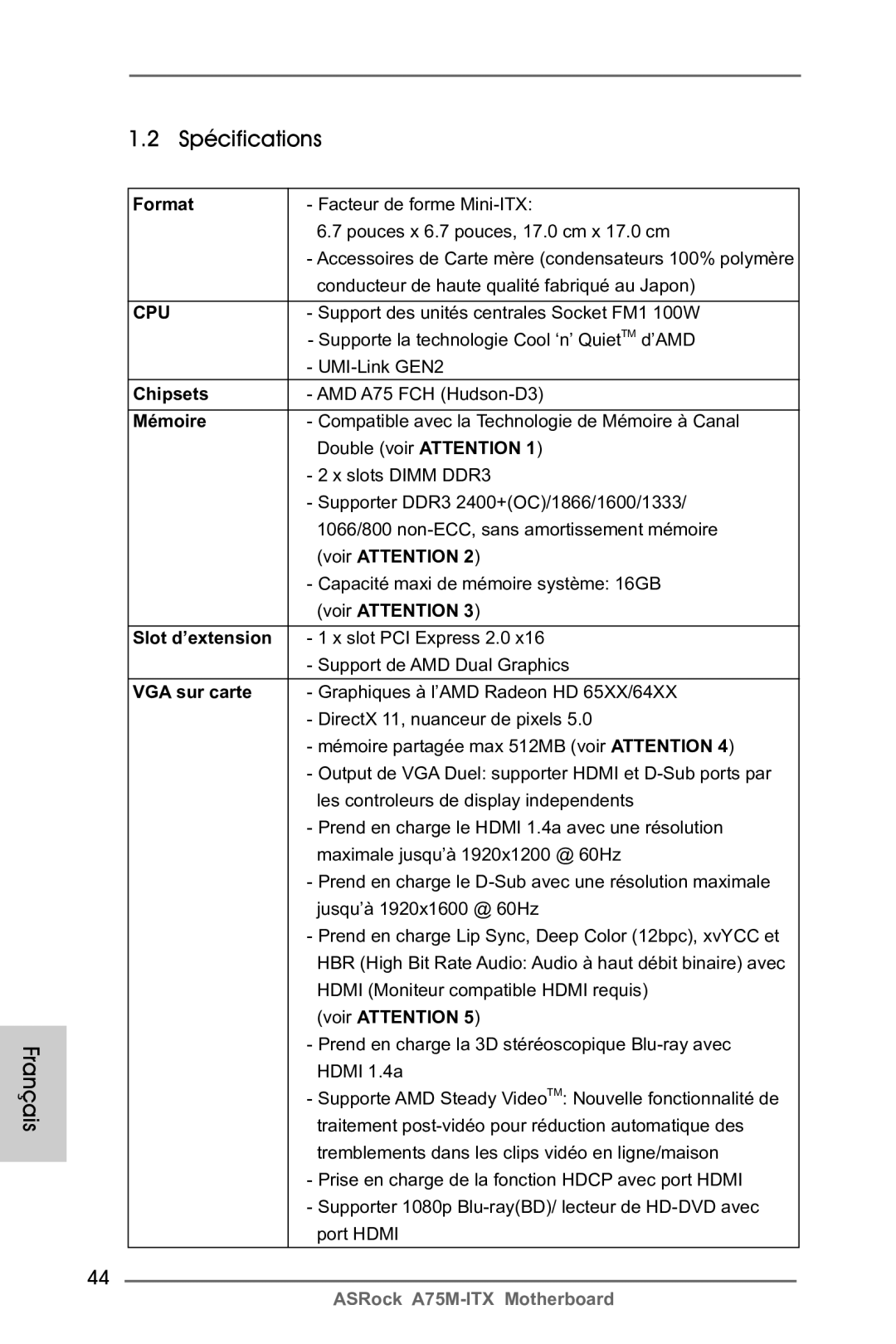 ASRock A75M-ITX manual Français Spécifications 