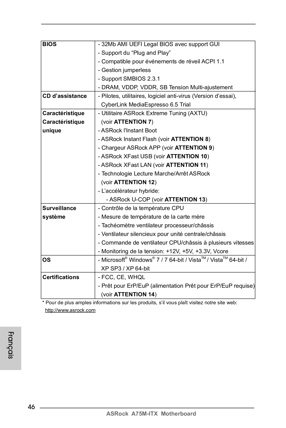 ASRock A75M-ITX manual CD d’assistance, Caractéristique Voir Attention Unique, Surveillance, Système 