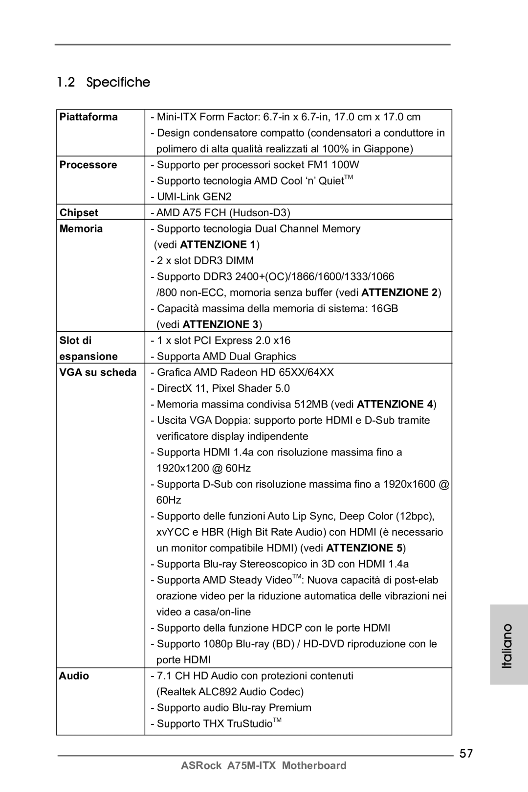 ASRock A75M-ITX manual Specifiche 