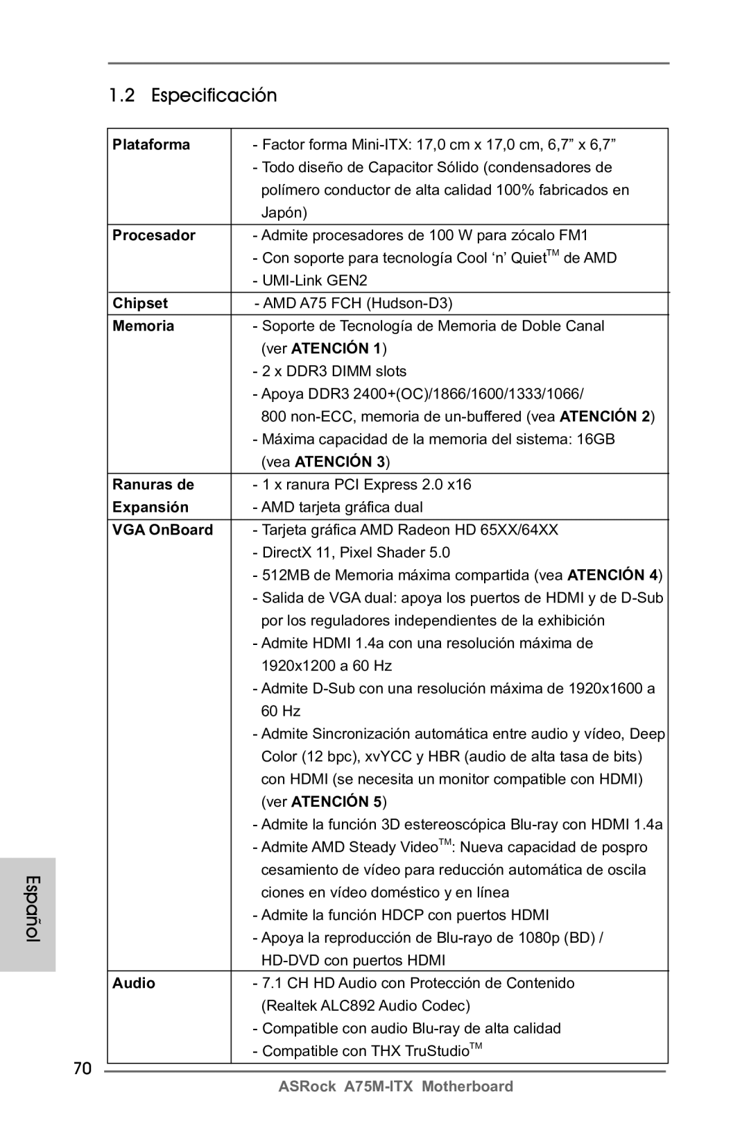 ASRock A75M-ITX manual Especificación Español 