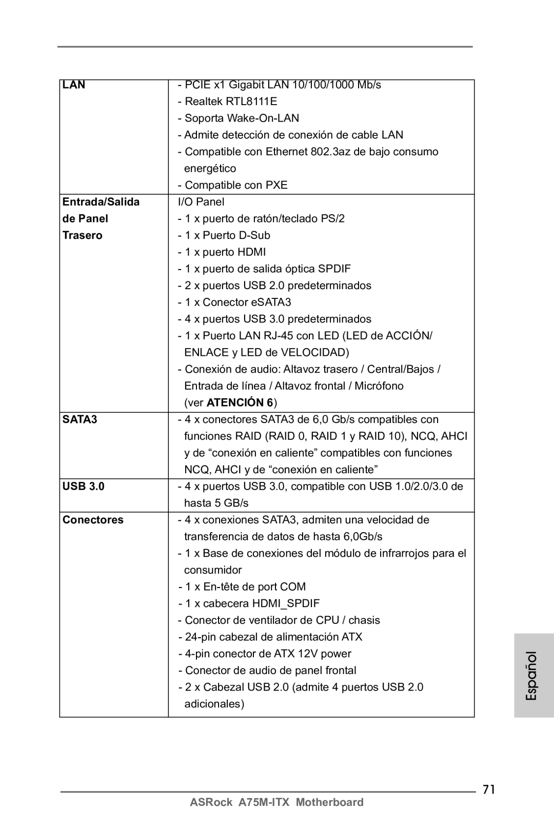 ASRock A75M-ITX manual Entrada/Salida, De Panel, Trasero, Conectores 