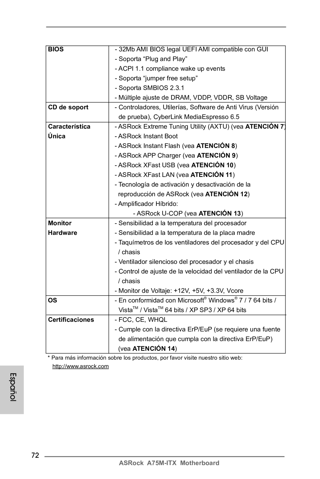 ASRock A75M-ITX manual CD de soport, Característica, Única, Certificaciones 