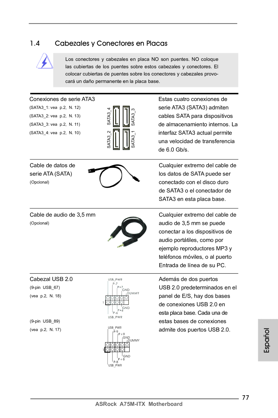 ASRock A75M-ITX Cabezales y Conectores en Placas, Conexiones de serie ATA3, Cable de datos de serie ATA Sata, Cabezal USB 