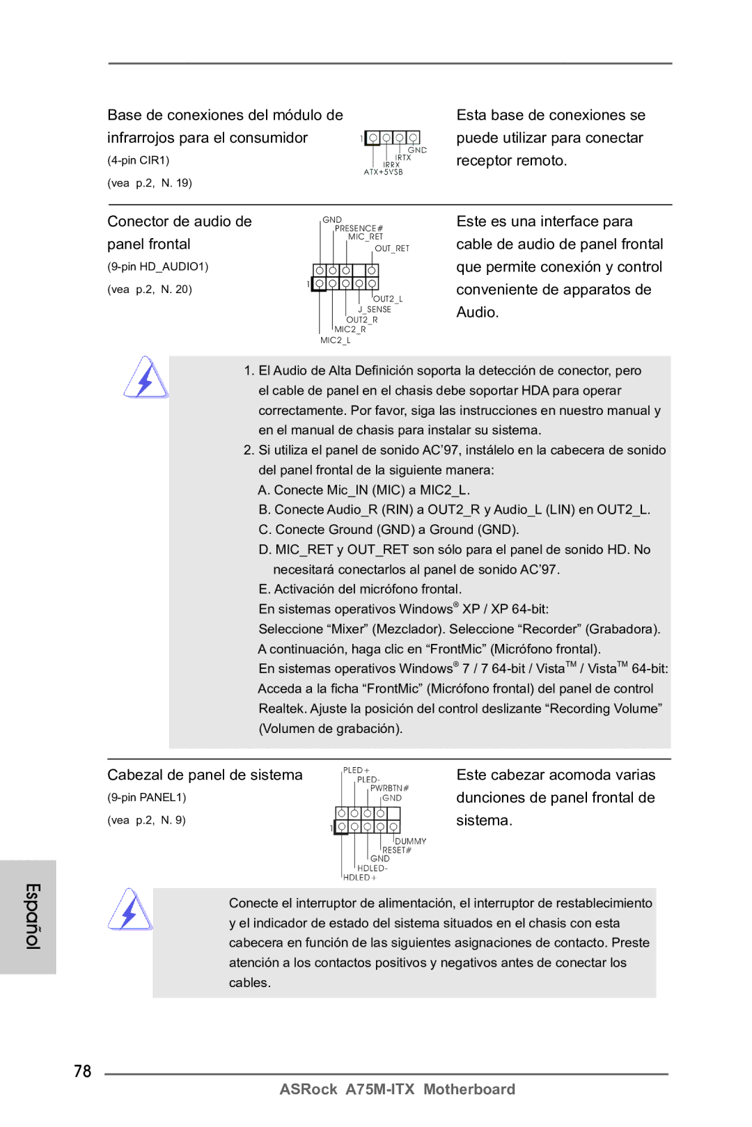 ASRock A75M-ITX manual Panel frontal, Cabezal de panel de sistema, Sistema 