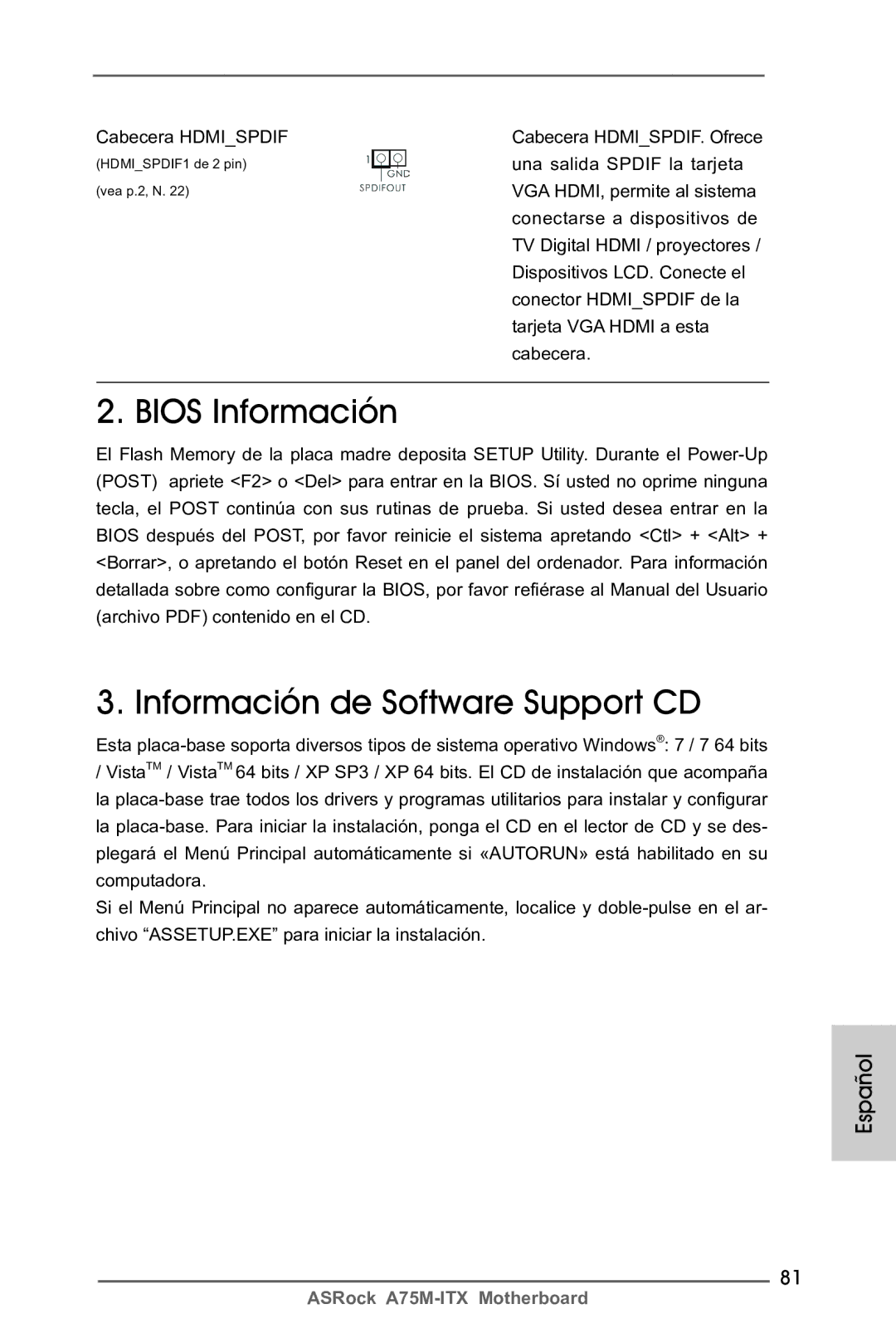 ASRock A75M-ITX manual Bios Información Información de Software Support CD 