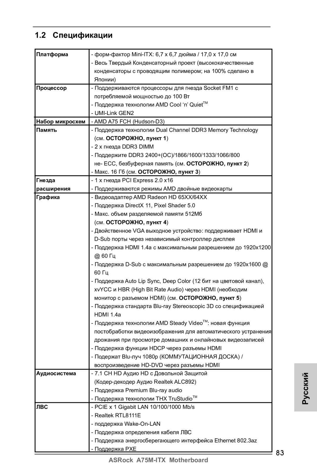 ASRock A75M-ITX manual Платформа, Процессор, Набор микросхем, Память, См. ОСТОРОЖНО, пункт, Гнезда, Расширения, Графика 