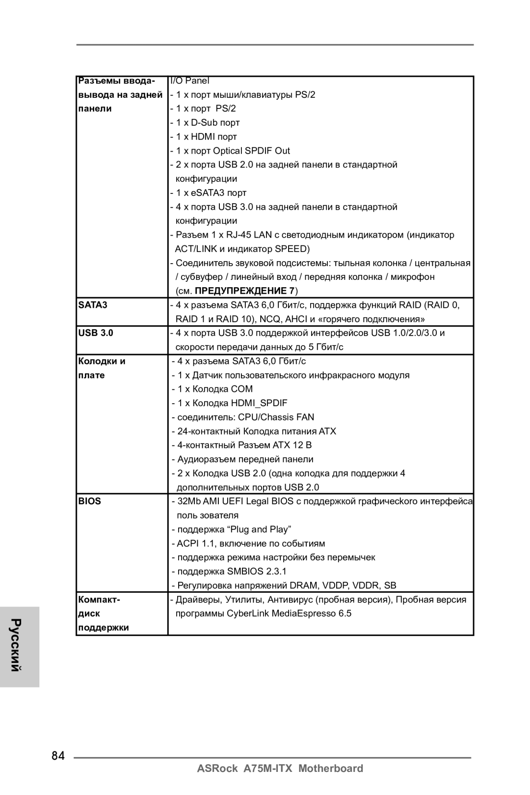 ASRock A75M-ITX manual Разъемы ввода, Вывода на задней, Панели, См. Предупреждение, Usb, Колодки и, Плате, Компакт, Диск 