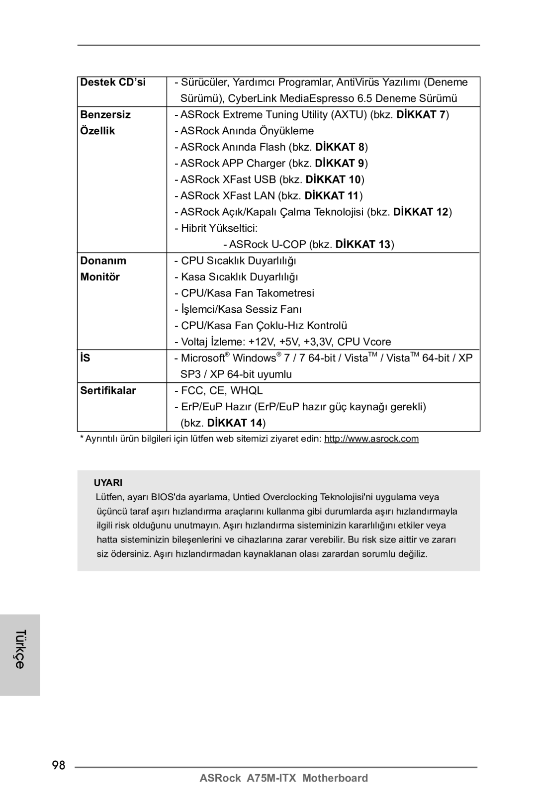 ASRock A75M-ITX manual Destek CD’si, Benzersiz, Özellik, Donanım, Monitör, Sertifikalar 