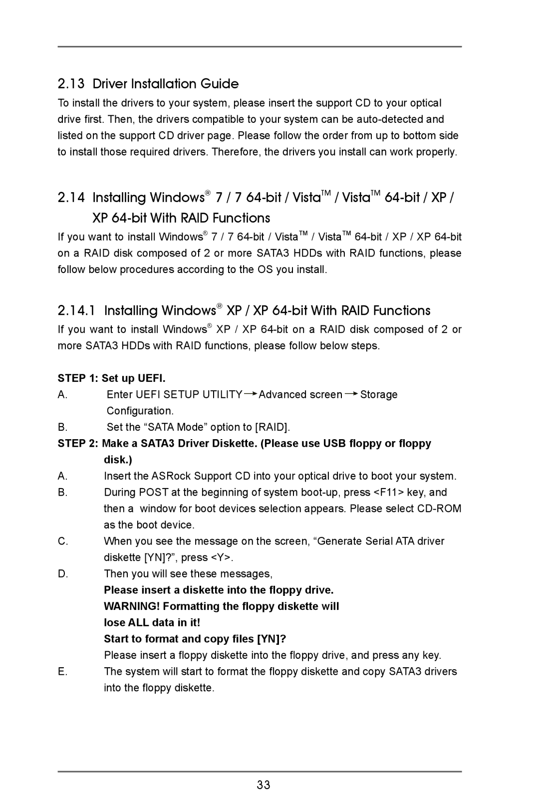 ASRock A75M manual Driver Installation Guide, Installing Windows XP / XP 64-bit With RAID Functions, Set up Uefi 