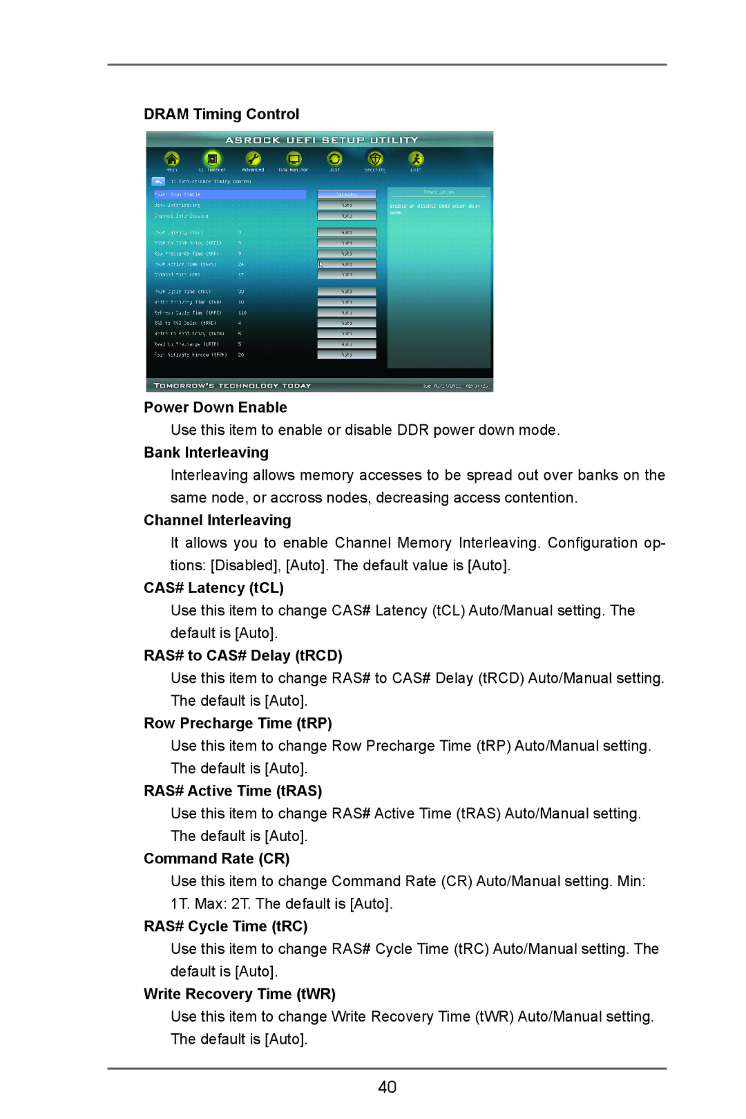 ASRock A75M manual Dram Timing Control Power Down Enable, Bank Interleaving, Channel Interleaving, CAS# Latency tCL 