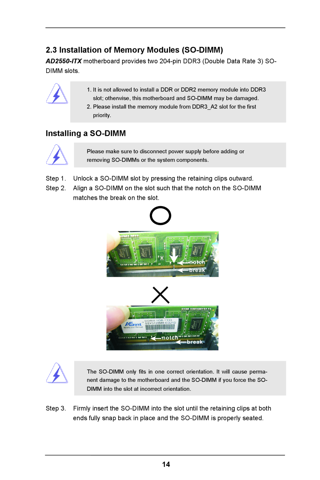 ASRock AD2550-ITX manual Installation of Memory Modules SO-DIMM, Installing a SO-DIMM 