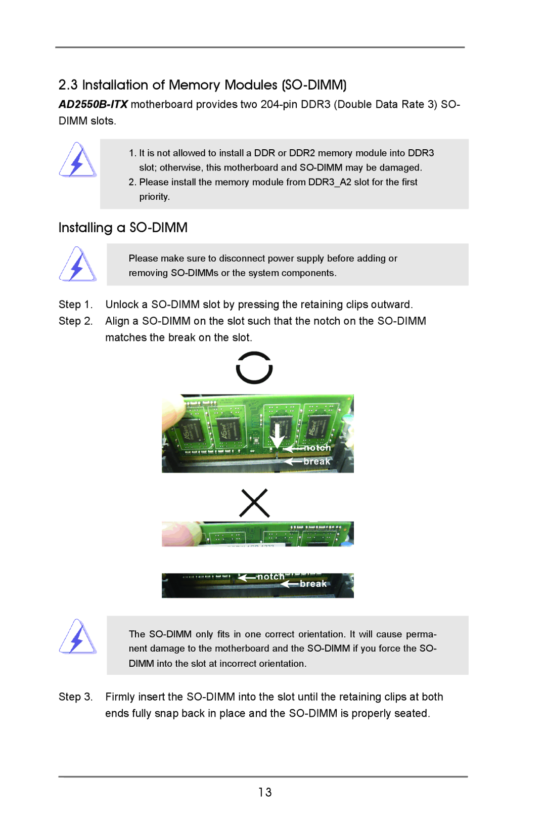 ASRock AD2550B-ITX manual Installation of Memory Modules SO-DIMM, Installing a SO-DIMM 