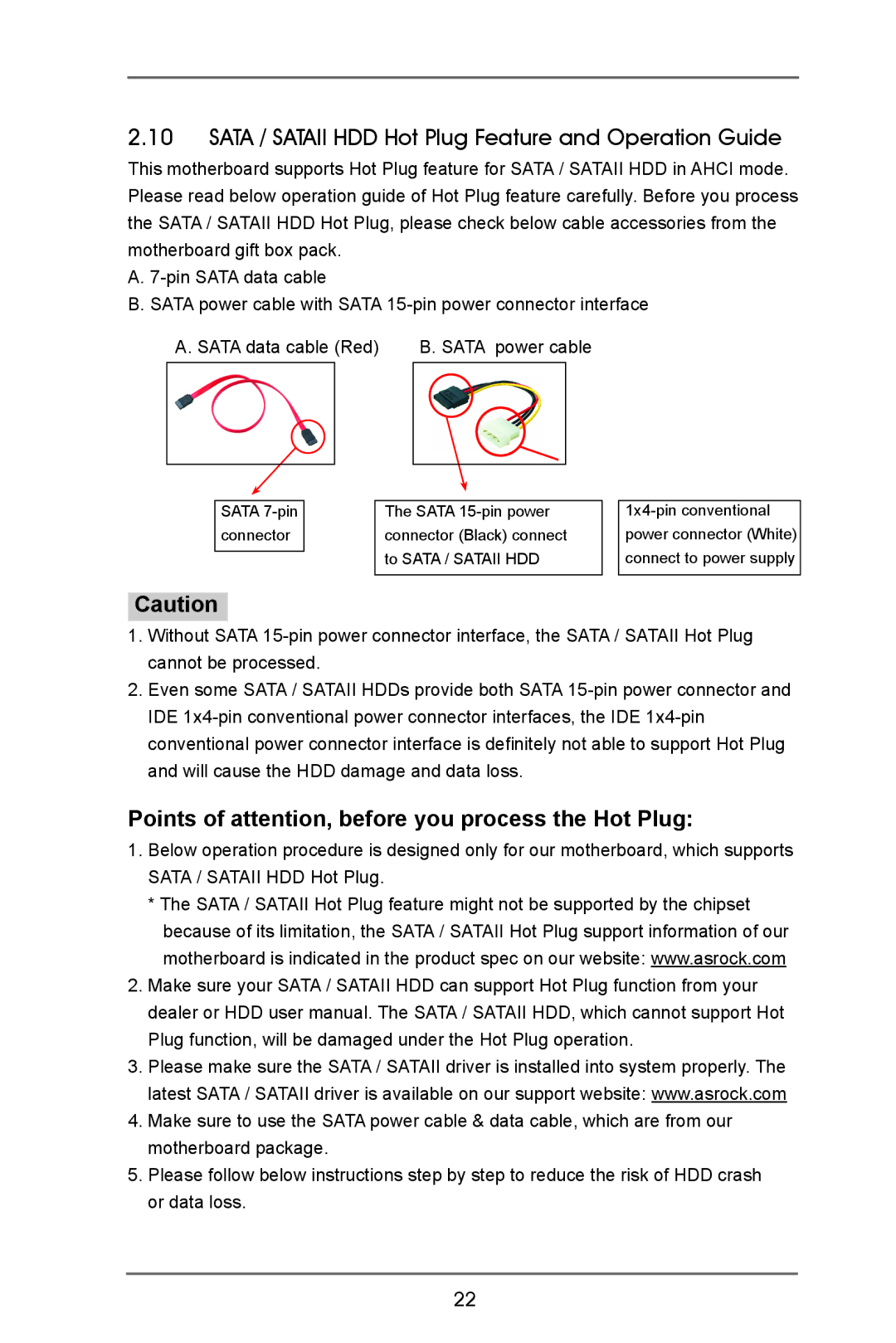 ASRock AD2550B-ITX manual Sata / Sataii HDD Hot Plug Feature and Operation Guide, Sata power cable 