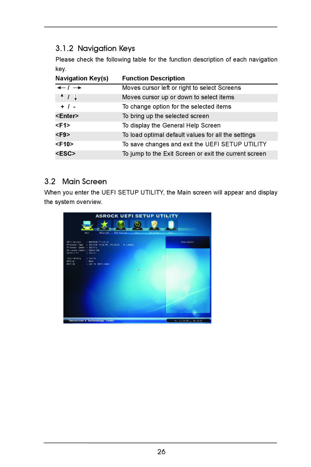 ASRock AD2550B-ITX manual Navigation Keys, Main Screen, F10 