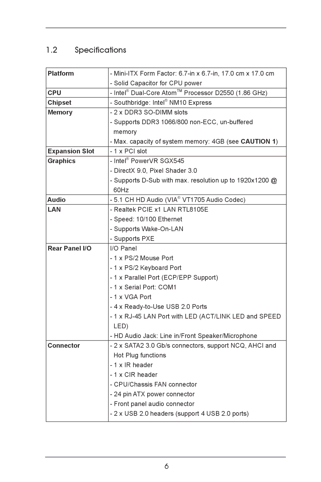 ASRock AD2550B-ITX manual Specifications 