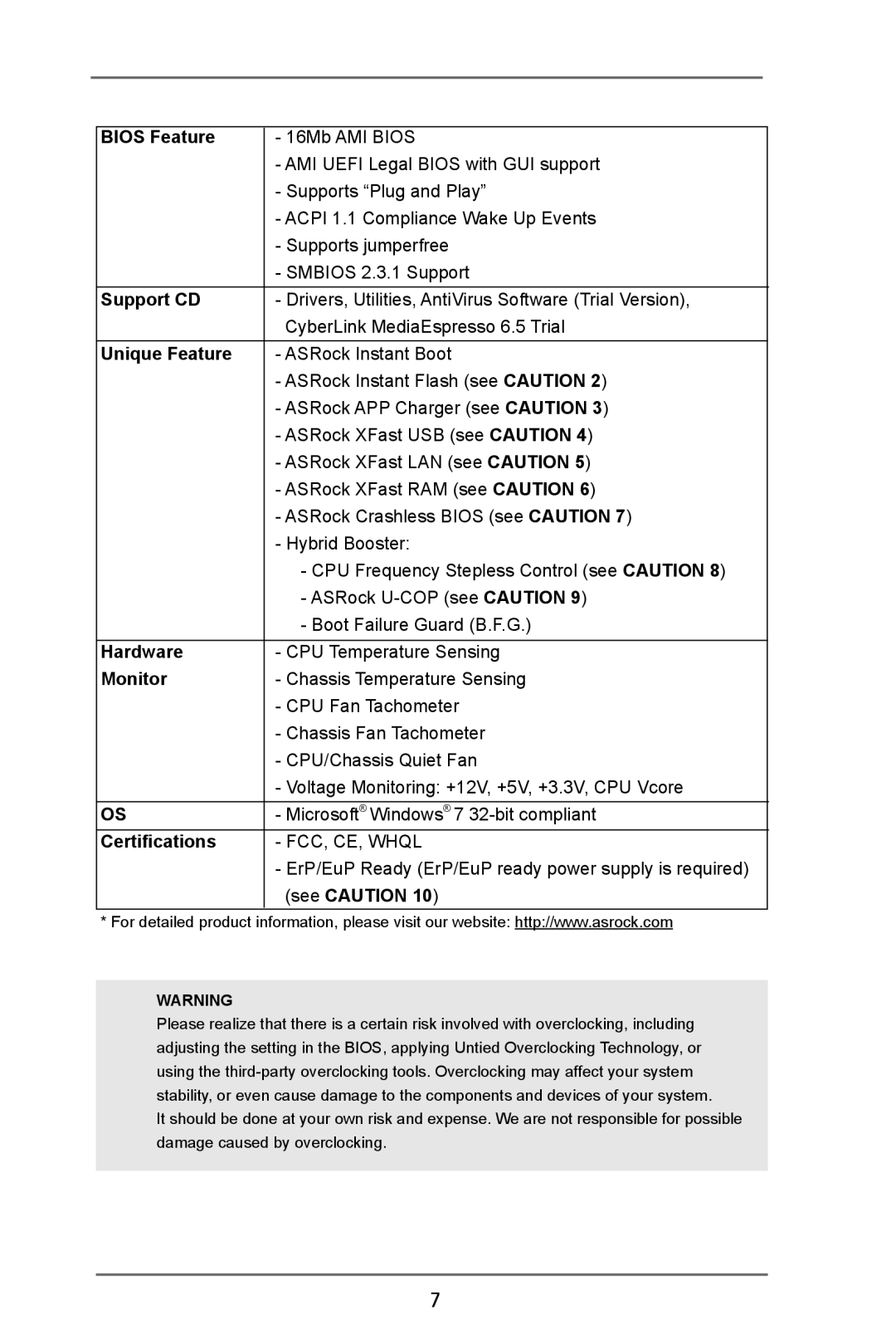 ASRock AD2550B-ITX manual Bios Feature, Support CD, Unique Feature, Hardware, Monitor, Certifications, See Caution 