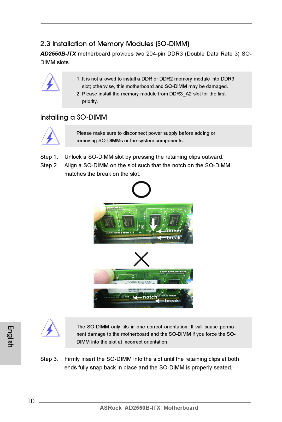 ASRock AD2550B-ITX manual English Installation of Memory Modules SO-DIMM, Installing a SO-DIMM 