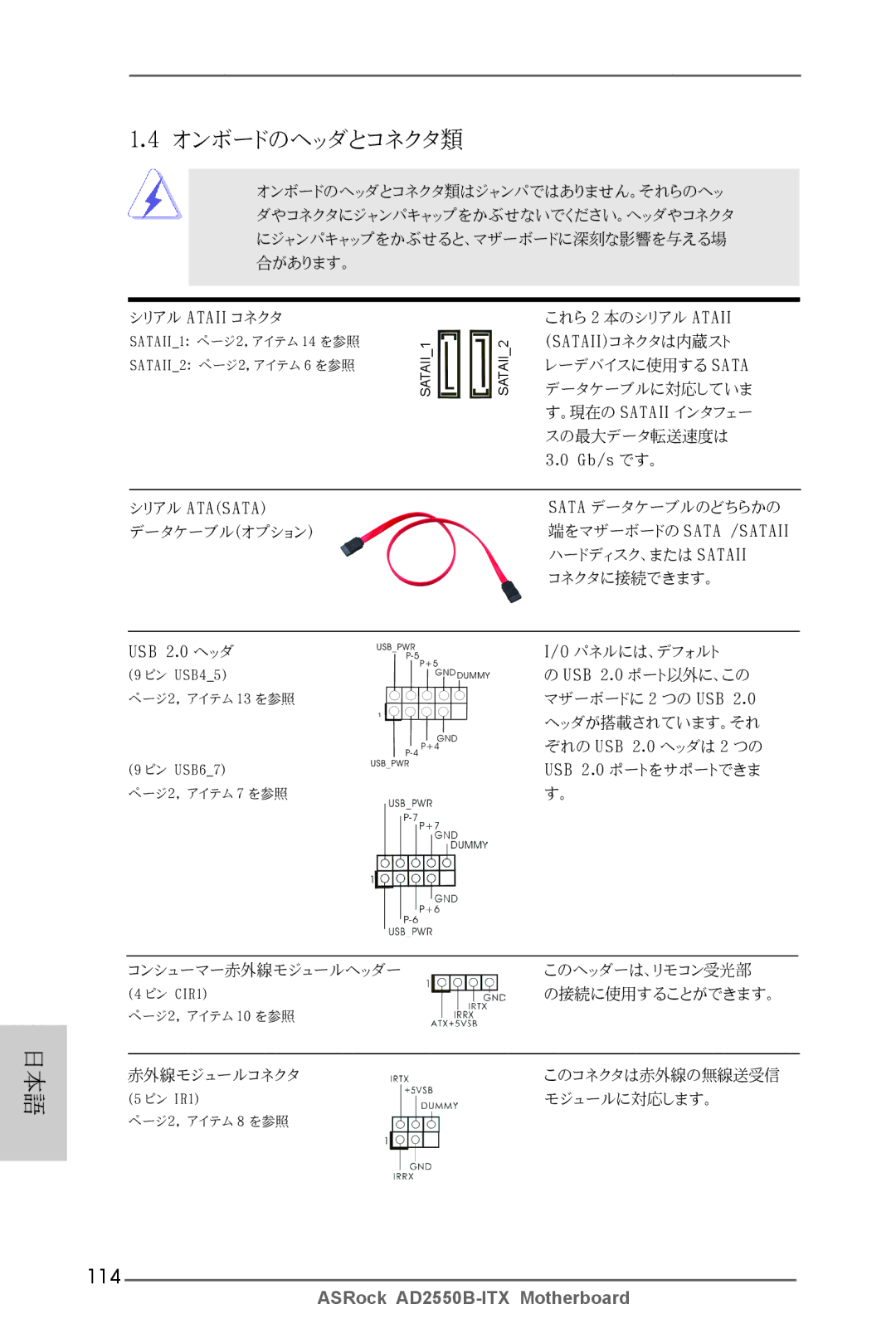 ASRock AD2550B-ITX manual オンボードのヘッダとコネクタ類, 114 