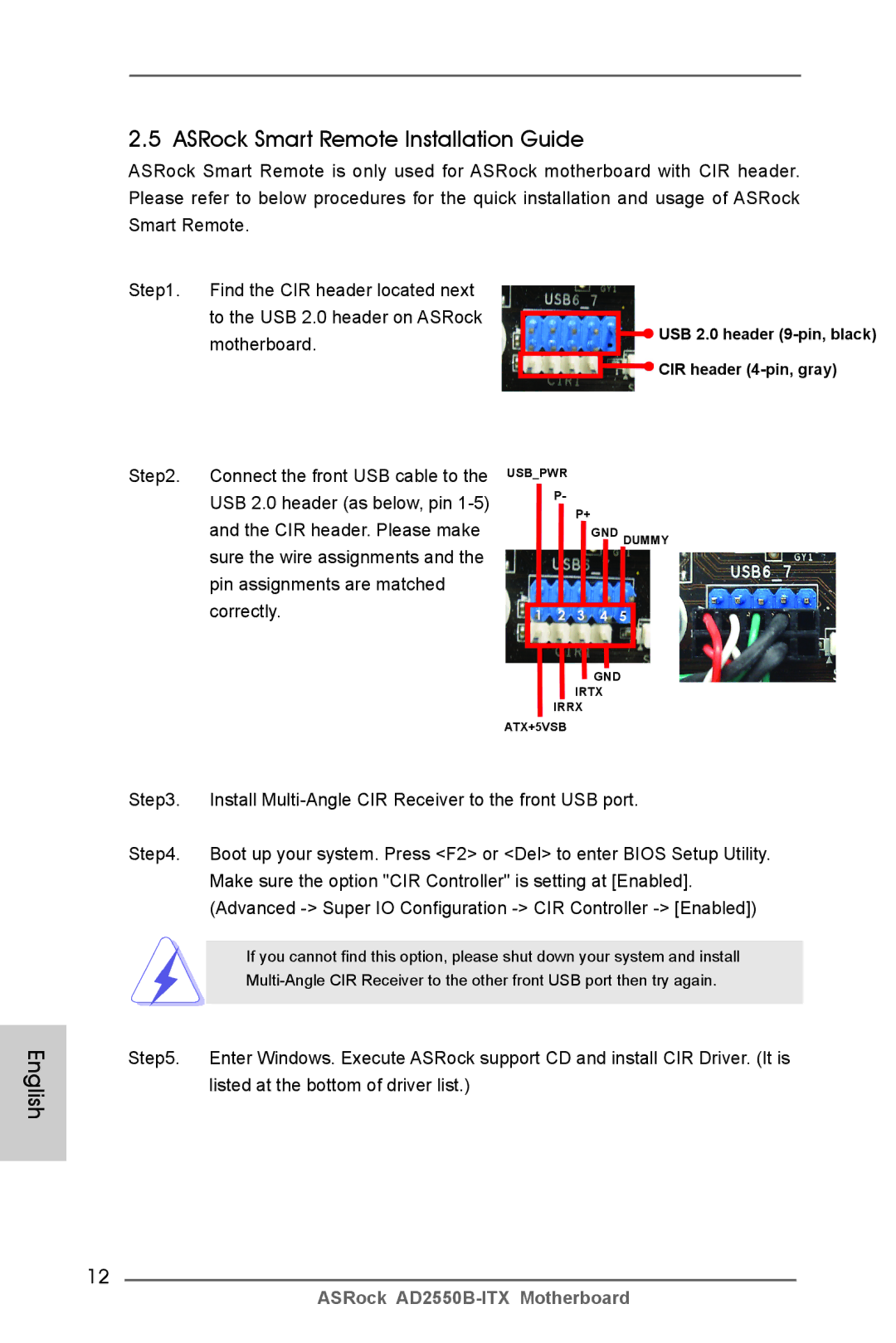 ASRock AD2550B-ITX manual ASRock Smart Remote Installation Guide, Install Multi-Angle CIR Receiver to the front USB port 