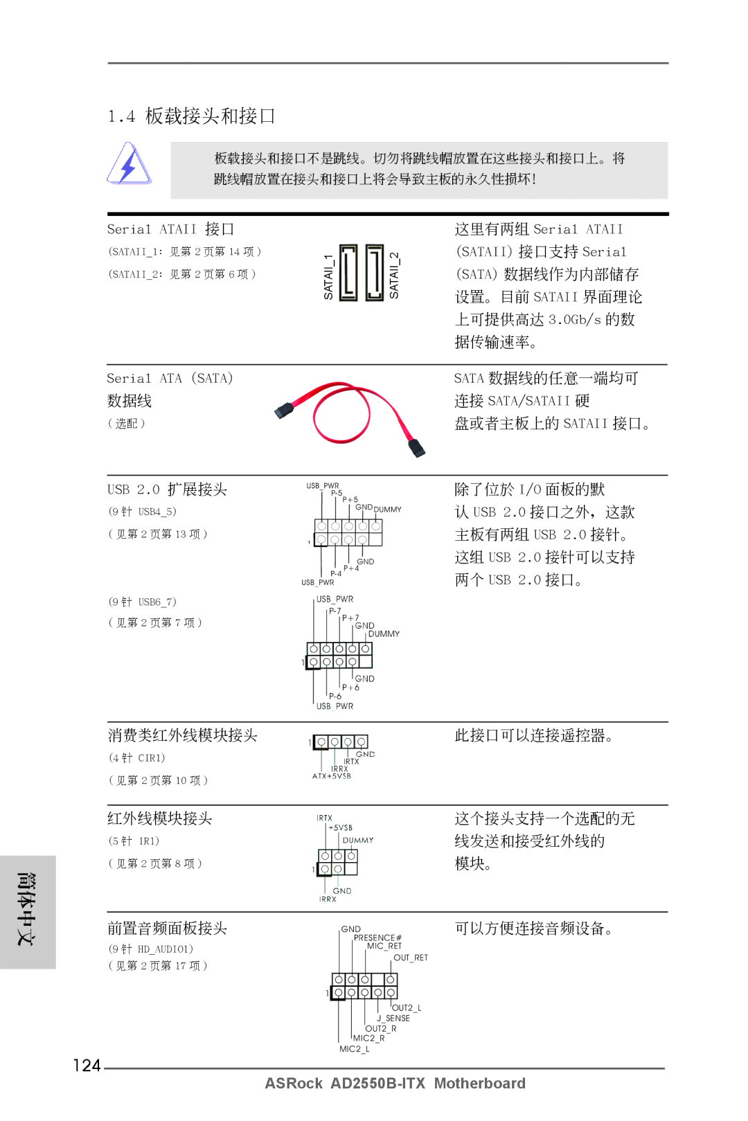 ASRock AD2550B-ITX manual 124, Serial Ataii 接口, USB 2.0 擴展接頭, 連接 Sata/Sataii 硬 